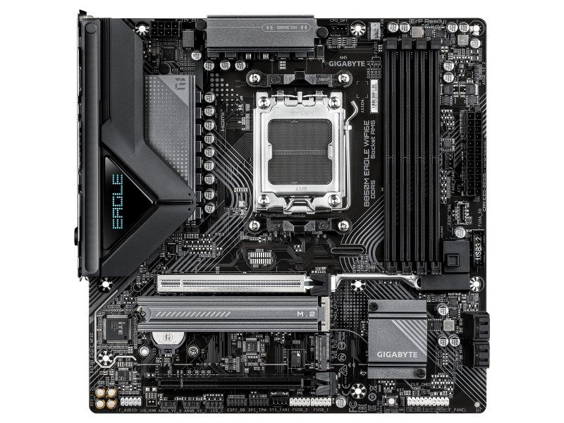 Gigabyte B850M Eagle WiFi6E вид сверху — сокет AM5, слоты DDR5, M.2 и зона VRM