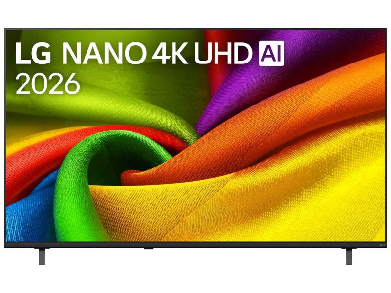 LG 65NU900B6LA NanoCell 4K — вид спереди на подставке, экран с тестовым изображением ярких цветов