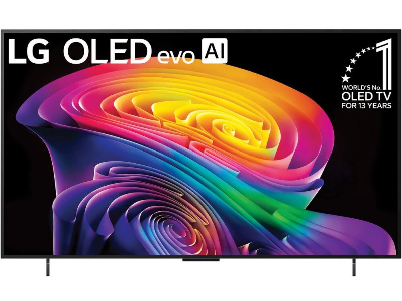 LG OLED42C6RLA 42 дюйма OLED evo — экран включён с ярким HDR-контентом на подставке