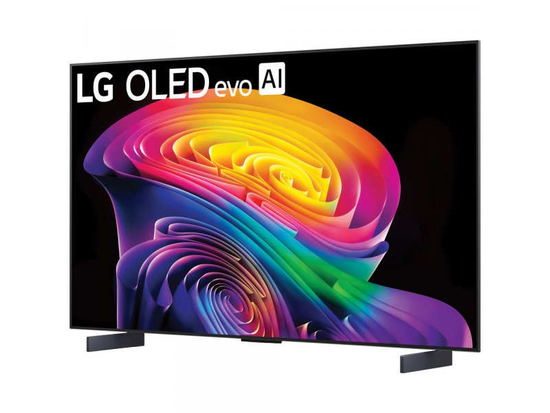 LG OLED42C6RLA под углом — изогнутая подставка и стройный корпус, вид сбоку
