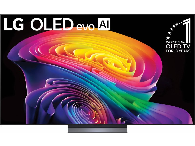 LG OLED65C6RLA вид спереди — OLED evo телевизор 65 дюймов на подставке с включённым демо-контентом