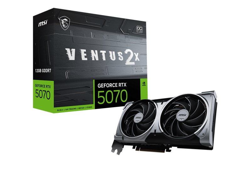 MSI GeForce RTX 5070 VENTUS 2X OC вид спереди — двухвентиляторная система охлаждения, чёрный корпус с металлическим бэкплейтом