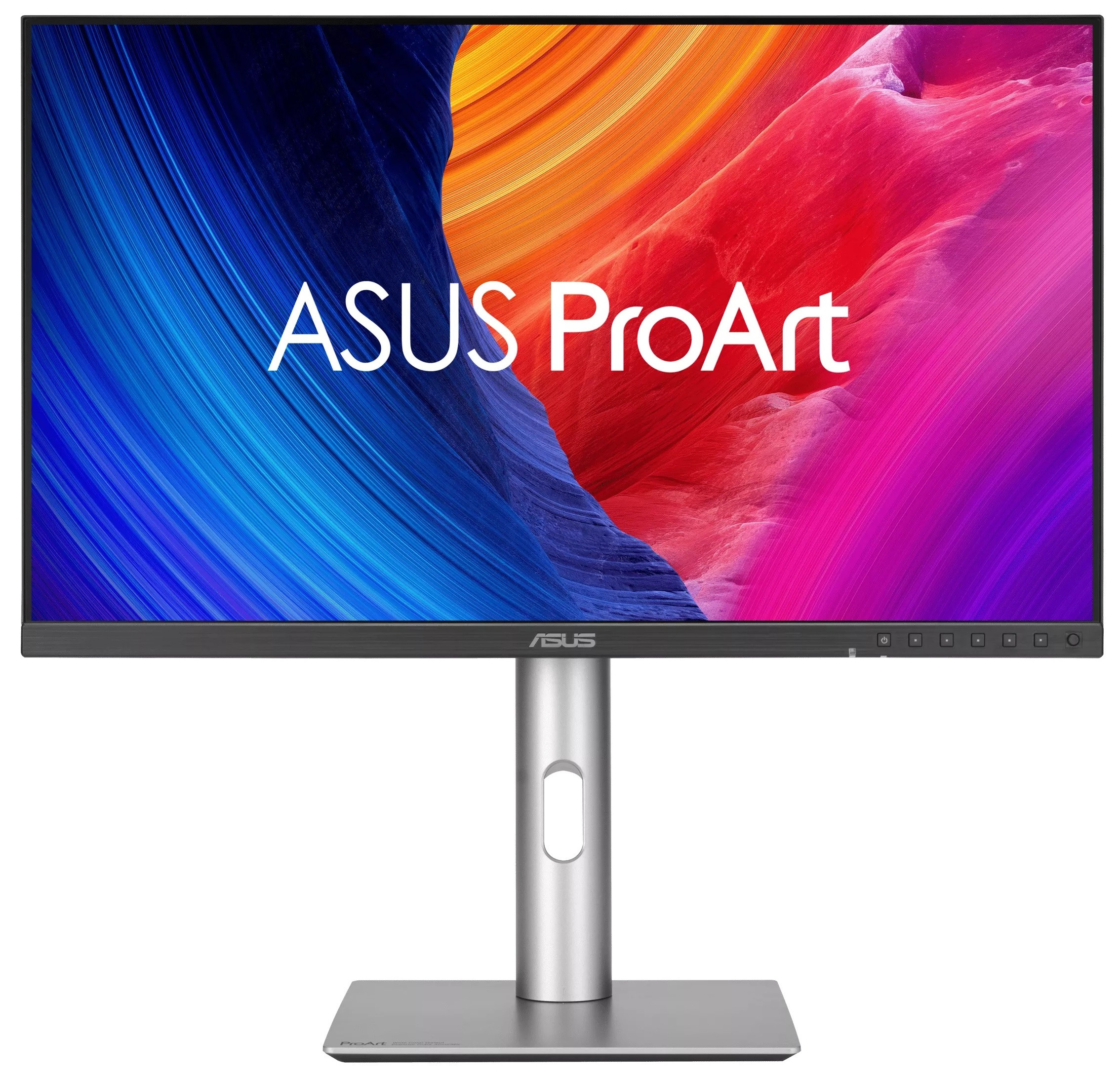 ASUS PA278CGRV вид спереди на подставке с регулировкой высоты, градиентное изображение на экране