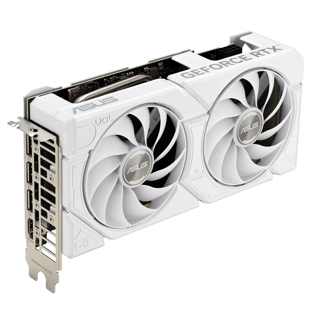 ASUS GeForce RTX 4060 DUAL EVO вид сбоку разъёмы HDMI DisplayPort белый корпус