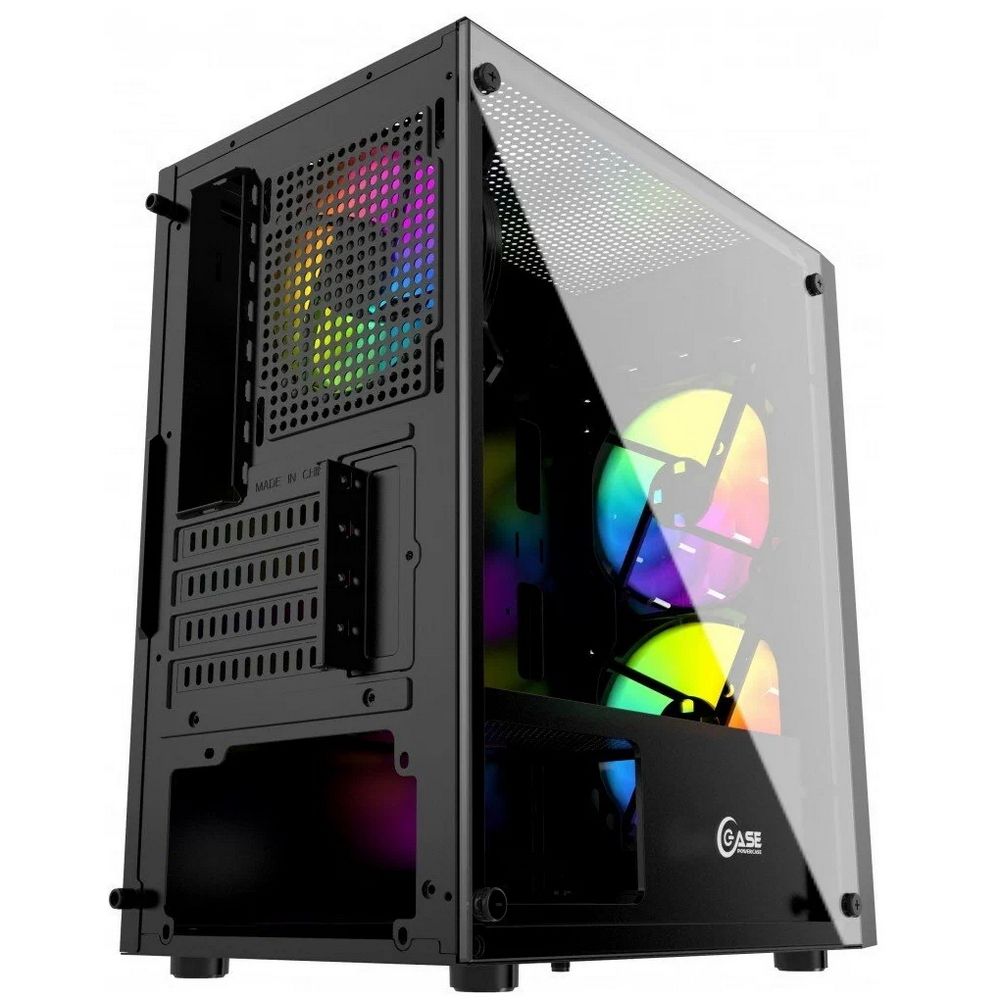 Powercase Mistral Micro T3B CMIMTB-L3 вид сбоку с открытой прозрачной панелью и двумя RGB-вентилятором