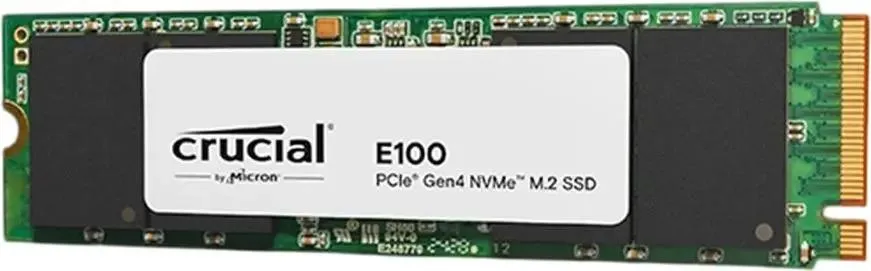 Crucial E100 2ТБ M.2 2280 NVMe — вид сверху, зелёная плата с логотипом