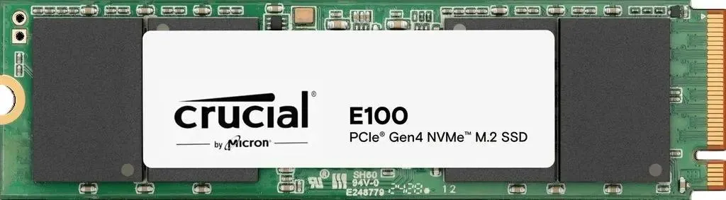 Crucial E100 2ТБ M.2 2280 — золотистые контакты и компоненты, вид сбоку