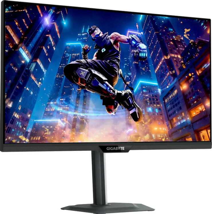 Gigabyte M27UP EK вид спереди на подставке с яркой игровой сценой на экране