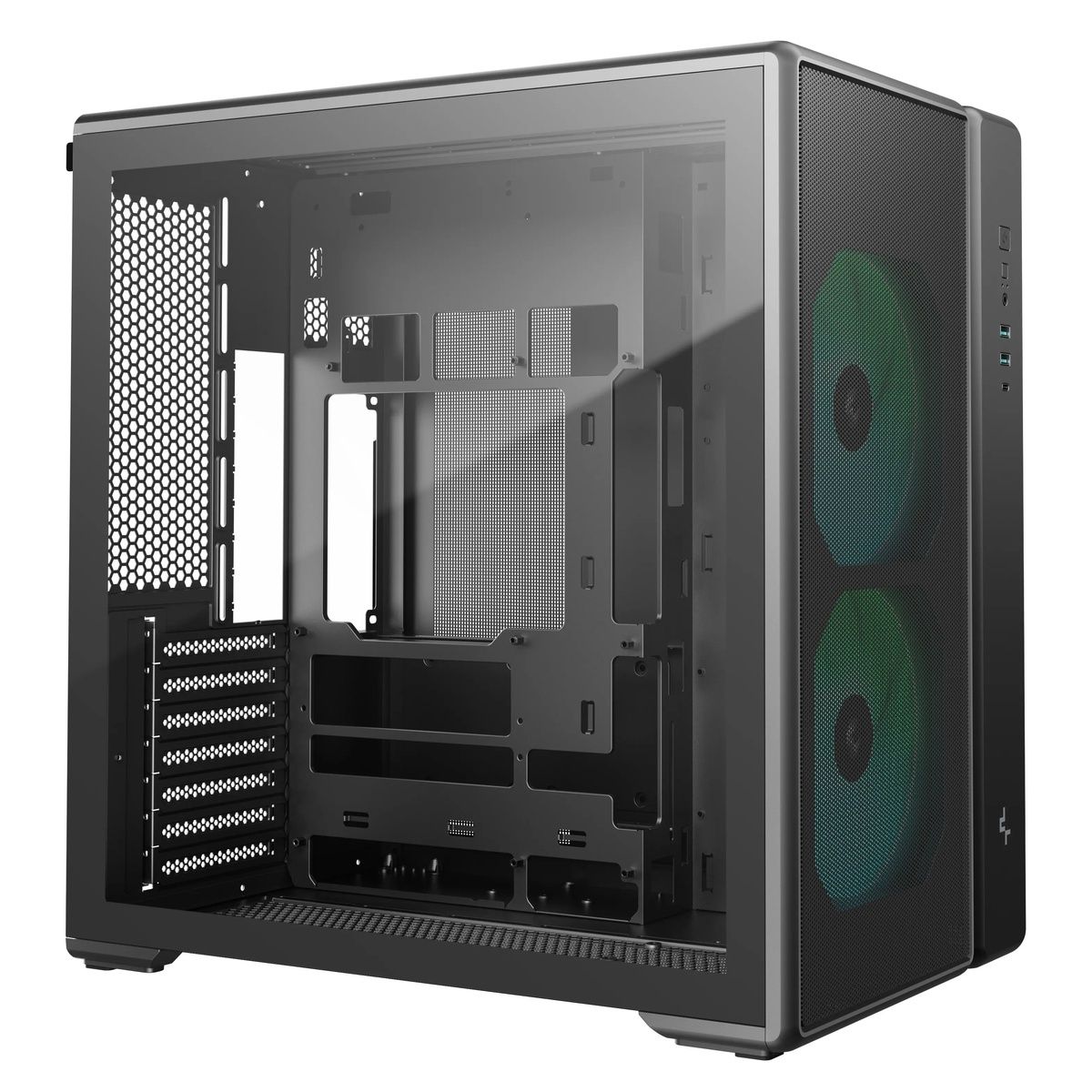 DeepCool CG590 MESH 2F вид спереди с открытой боковой панелью — внутреннее пространство, место под видеокарту и ARGB-вентиляторы
