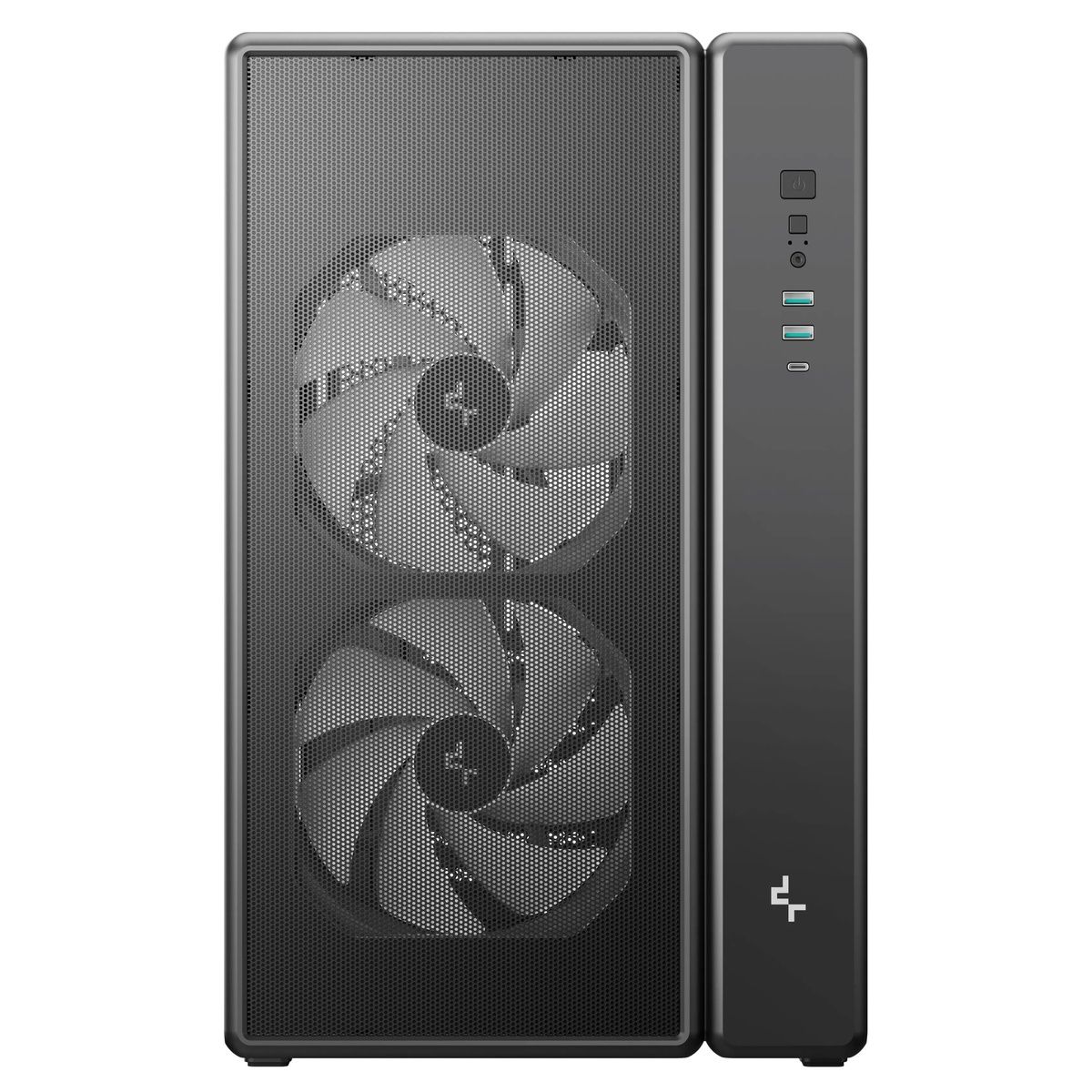 DeepCool CG590 MESH 2F вид спереди — сетчатая панель, ARGB-вентиляторы, кнопка питания и порты ввода-вывода