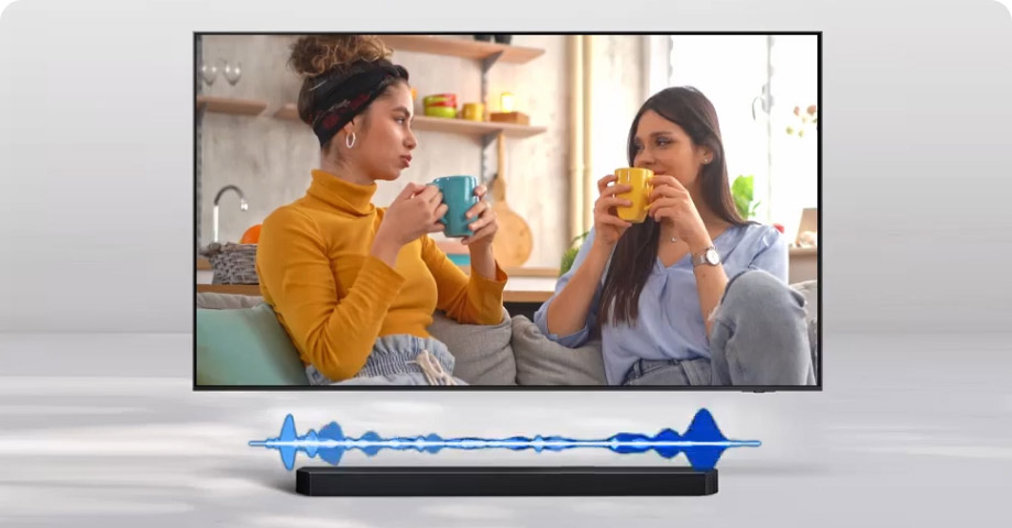 Samsung HW-Q990F под телевизором — минималистичная установка с адаптивным звуком