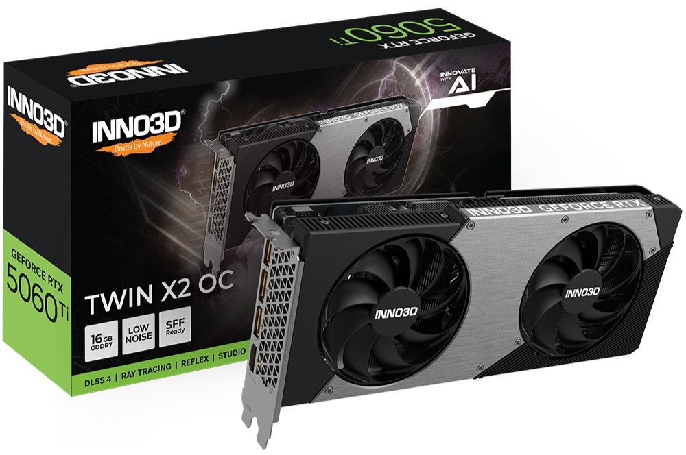 INNO3D RTX 5060 Ti Twin упаковка и общий вид карты с 16 ГБ GDDR7 и двумя вентиляторами