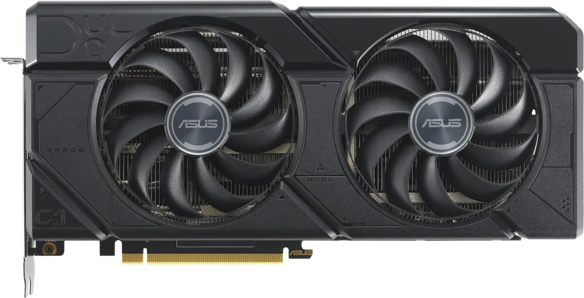 ASUS Radeon RX 7800 XT вид спереди — два вентилятора и золотой разъём PCIe