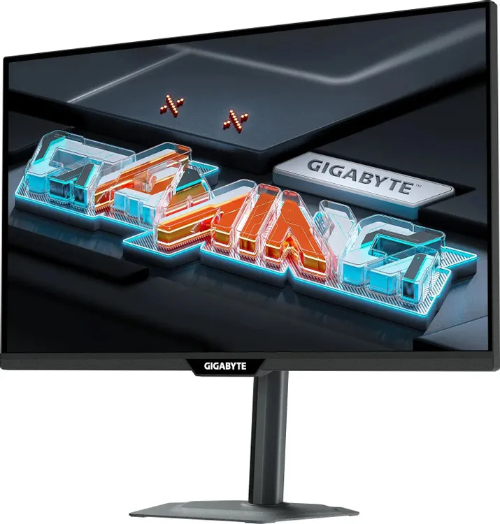 Gigabyte M27Q3 EK вид спереди с демонстрацией 3D графики под боковым углом