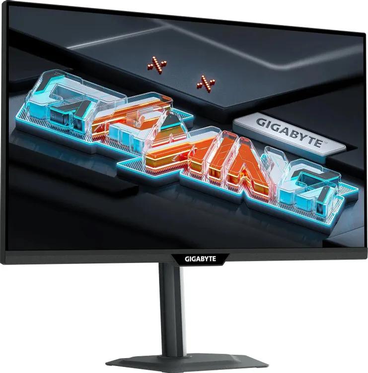 Gigabyte M27Q3 EK экран с демонстрацией цветопередачи &mdash; 3D графика с неоновыми эффектами