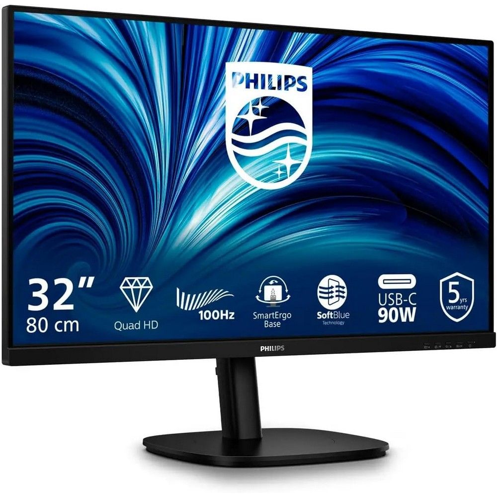 Philips 32B2U3601 монитор 32 дюйма вид спереди на подставке SmartErgo с характеристиками QHD 100Hz USB-C