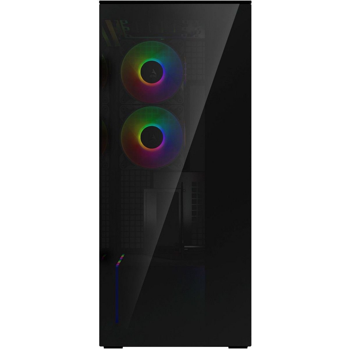 Arctic Xtender VG Black фронтальный вид — крупные ARGB-вентиляторы с multicolor подсветкой, диагональное прозрачное стекло