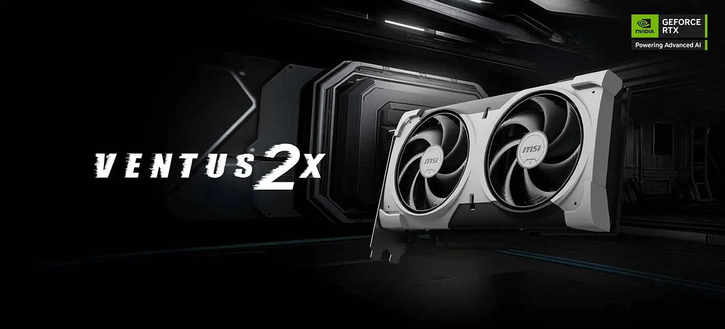 MSI RTX 5060 Ti 16G VENTUS 2X OC PLUS вид спереди — два вентилятора, серебристо-чёрный корпус