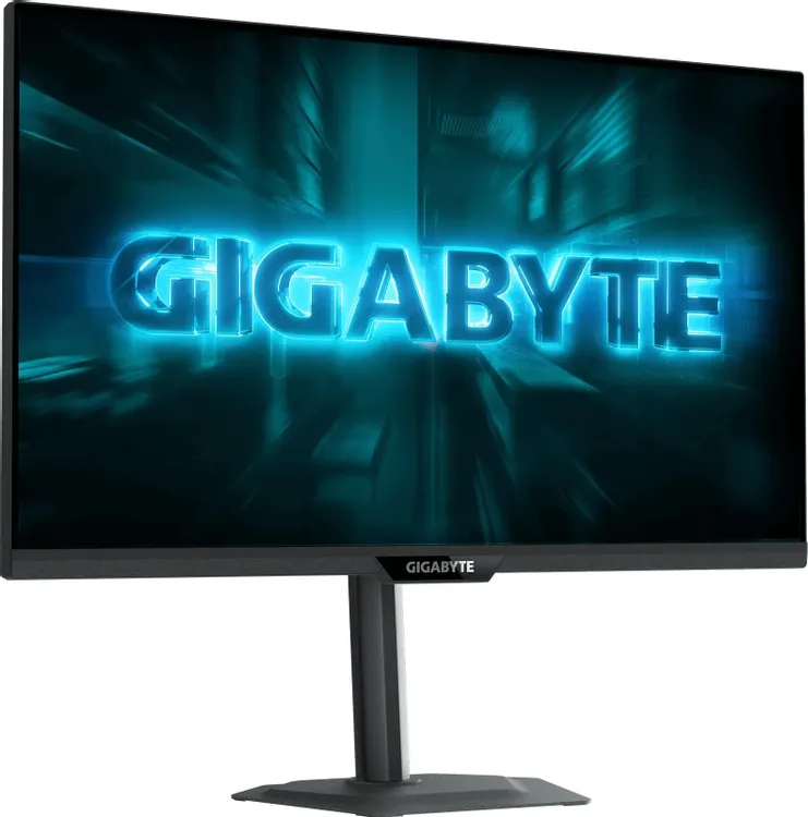 GIGABYTE G27U вид спереди и сбоку на подставке, минималистичный чёрный дизайн