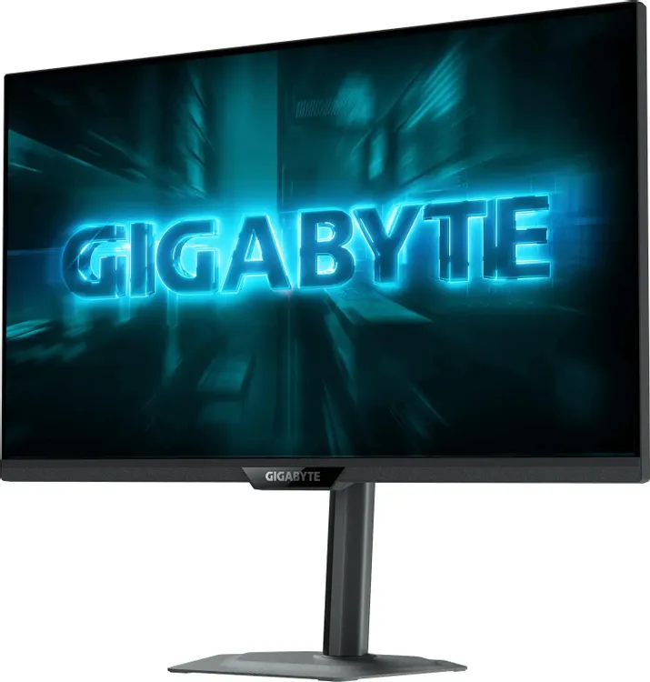 GIGABYTE G27U вид спереди под углом, тонкие рамки и чёткость дисплея