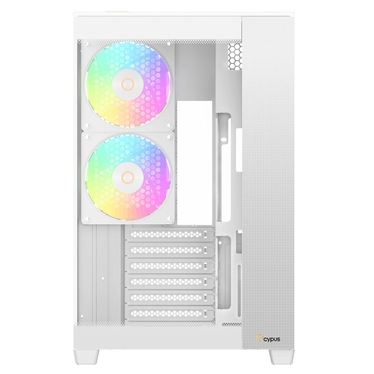 Ocypus Delta C74 ARGB вид сверху с двумя ARGB-вентиляторами и внутренней компоновкой
