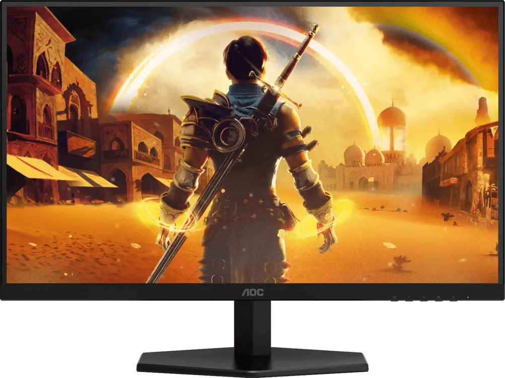 AOC Q27G40E вид спереди — игровой контент в пустынном ландшафте на IPS-панели