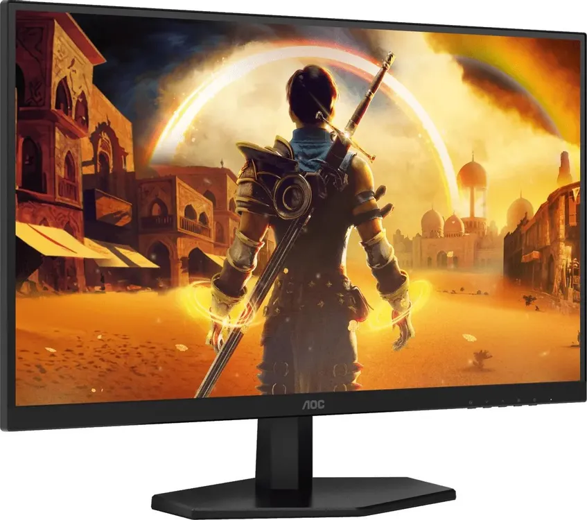 AOC Q27G40E под углом — насыщенные оранжевые тона демонстрируют цветопередачу IPS-матрицы