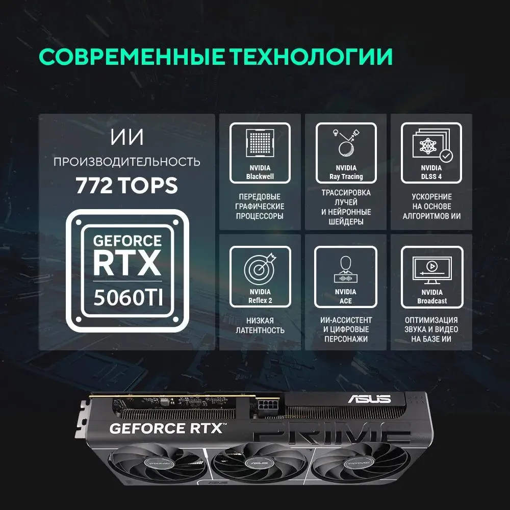 ASUS Prime RTX 5060 Ti — технологии DLSS 4, Ray Tracing, NVIDIA Blackwell, 772 TOPS