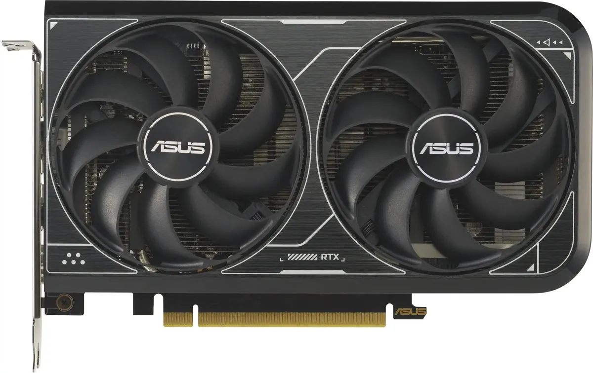 ASUS GeForce RTX 4060 90YV0JC4-M0NA00 — вид сбоку, два вентилятора охлаждения с логотипом ASUS и золотой PCIe разъём