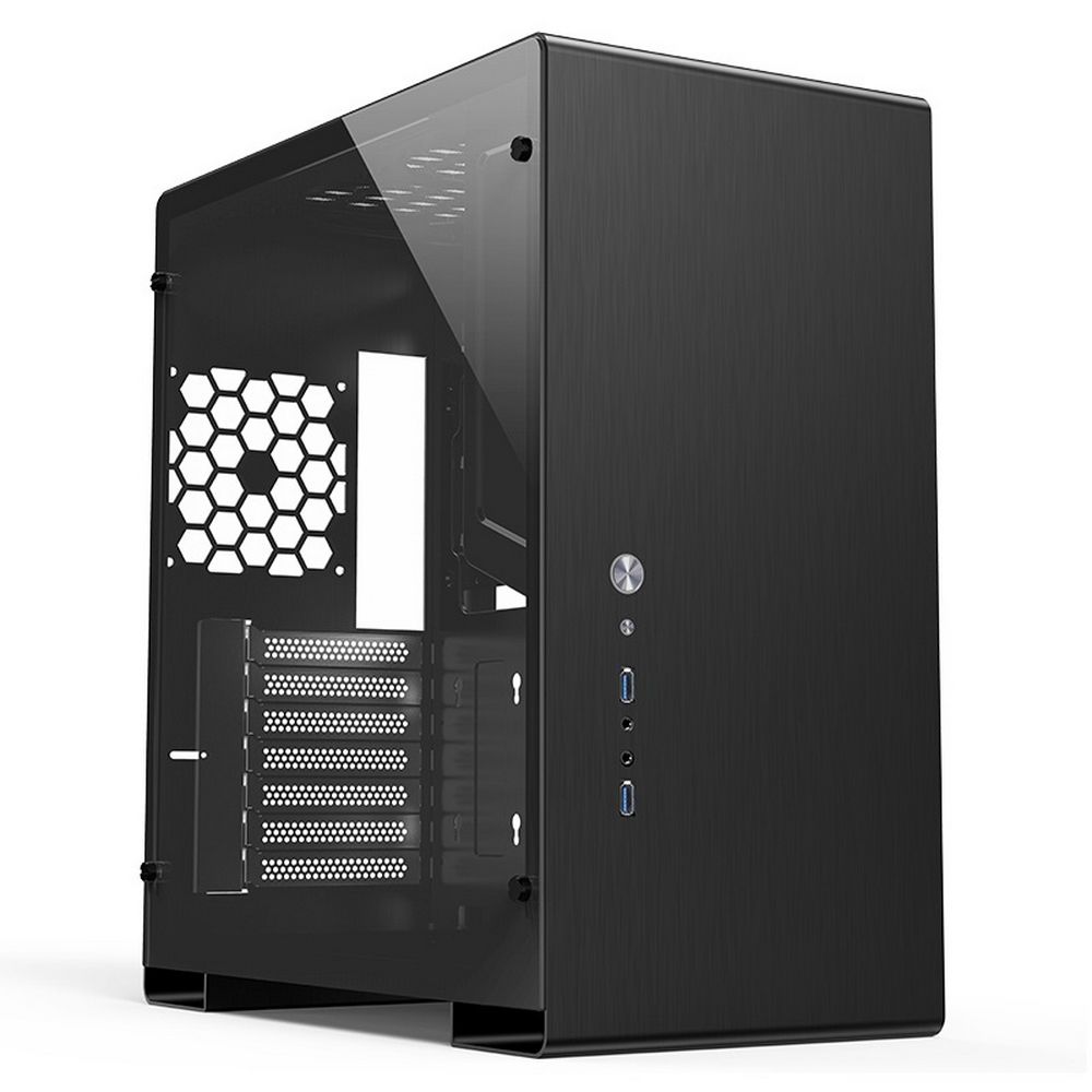 Jonsbo U5 Black вид спереди с сетчатыми боковыми панелями и разъёмами на передней панели