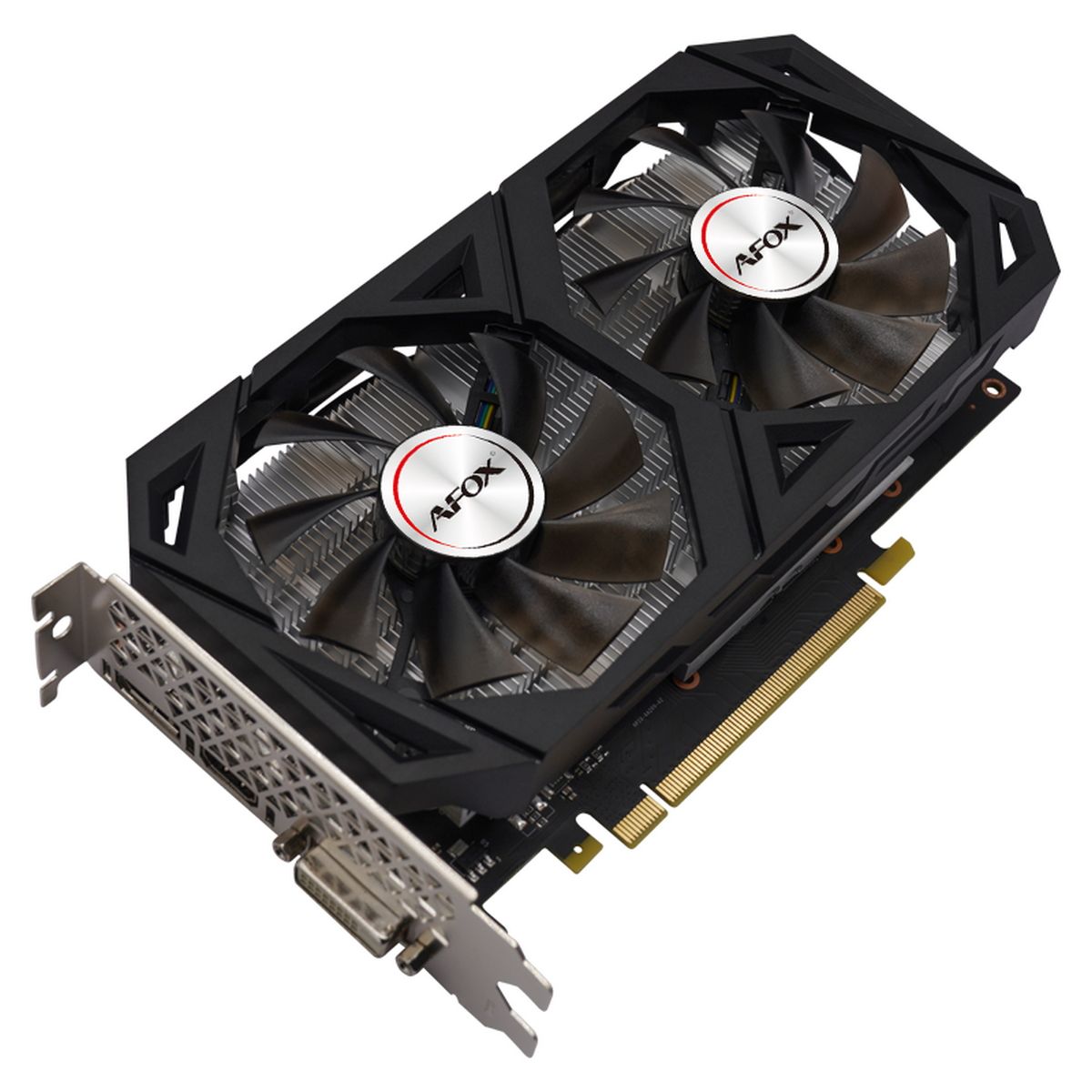 Afox GeForce GTX 1660 Ti AF1660TI-6144D6H7-V4 вид в перспективе два вентилятора золотистые контакты PCIe