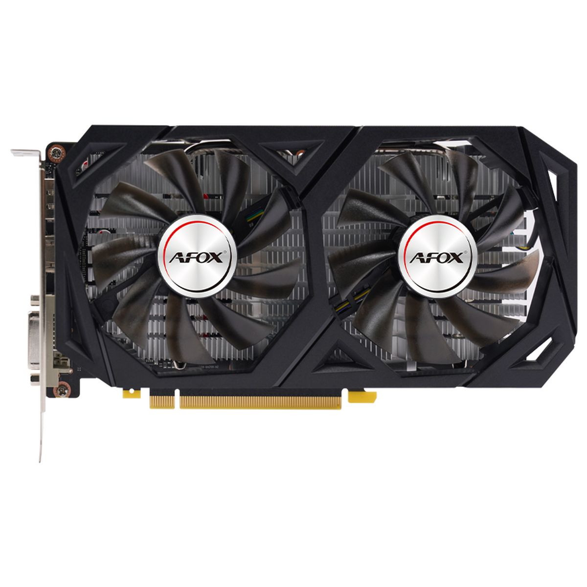 Afox GeForce GTX 1660 Ti AF1660TI-6144D6H7-V4 вид сбоку два вентилятора радиаторные рёбра разъёмы DVI HDMI DisplayPort