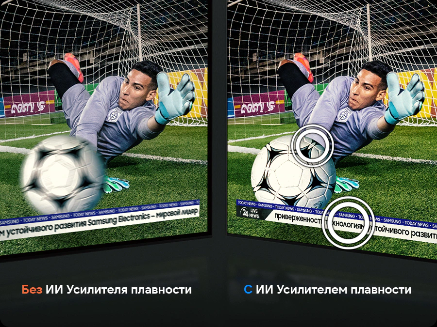 Samsung QE55S90H AI Motion Enhancer Pro — сравнение размытого и чёткого кадра футбольного вратаря