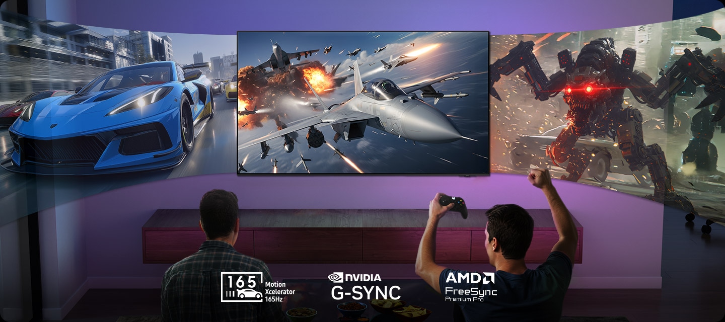 Samsung QE55S90H игровой режим 165 Гц, NVIDIA G-Sync и AMD FreeSync Premium Pro — несколько окон контента на экране