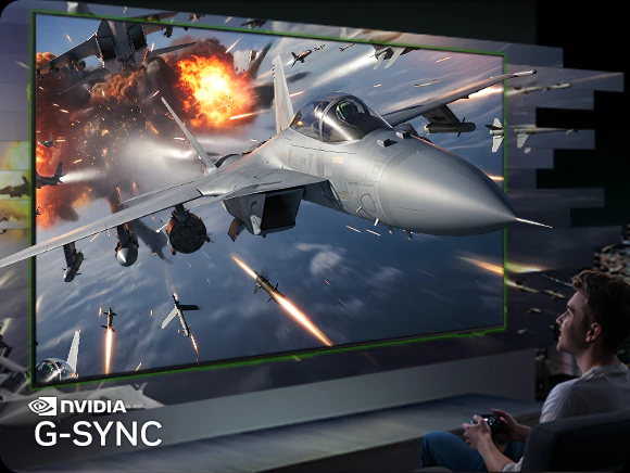 Samsung QE55S90H NVIDIA G-Sync — геймер с контроллером, игра с воздушными боями без разрывов кадра