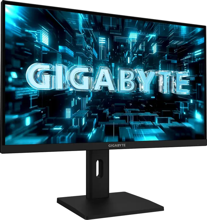 Gigabyte G27Q3 EK вид спереди на подставке с заставкой в неоновом синем стиле