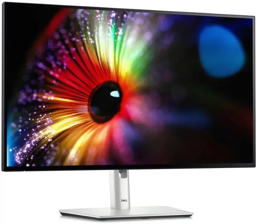 Dell UltraSharp U2724D вид спереди на белой подставке с демонстрацией точной цветопередачи