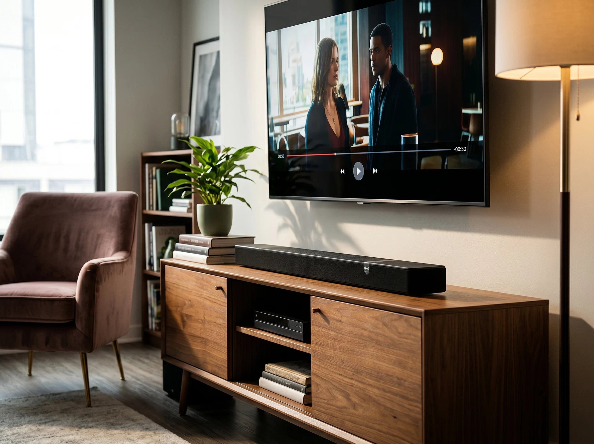 Klipsch Flexus Core 200 Black в интерьере гостиной &mdash; саундбар под телевизором