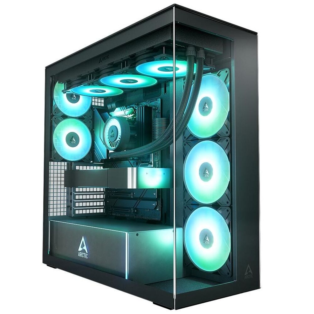 Arctic Xtender Clear ACPCC00023A вид спереди с ARGB-подсветкой и шестью вентиляторами