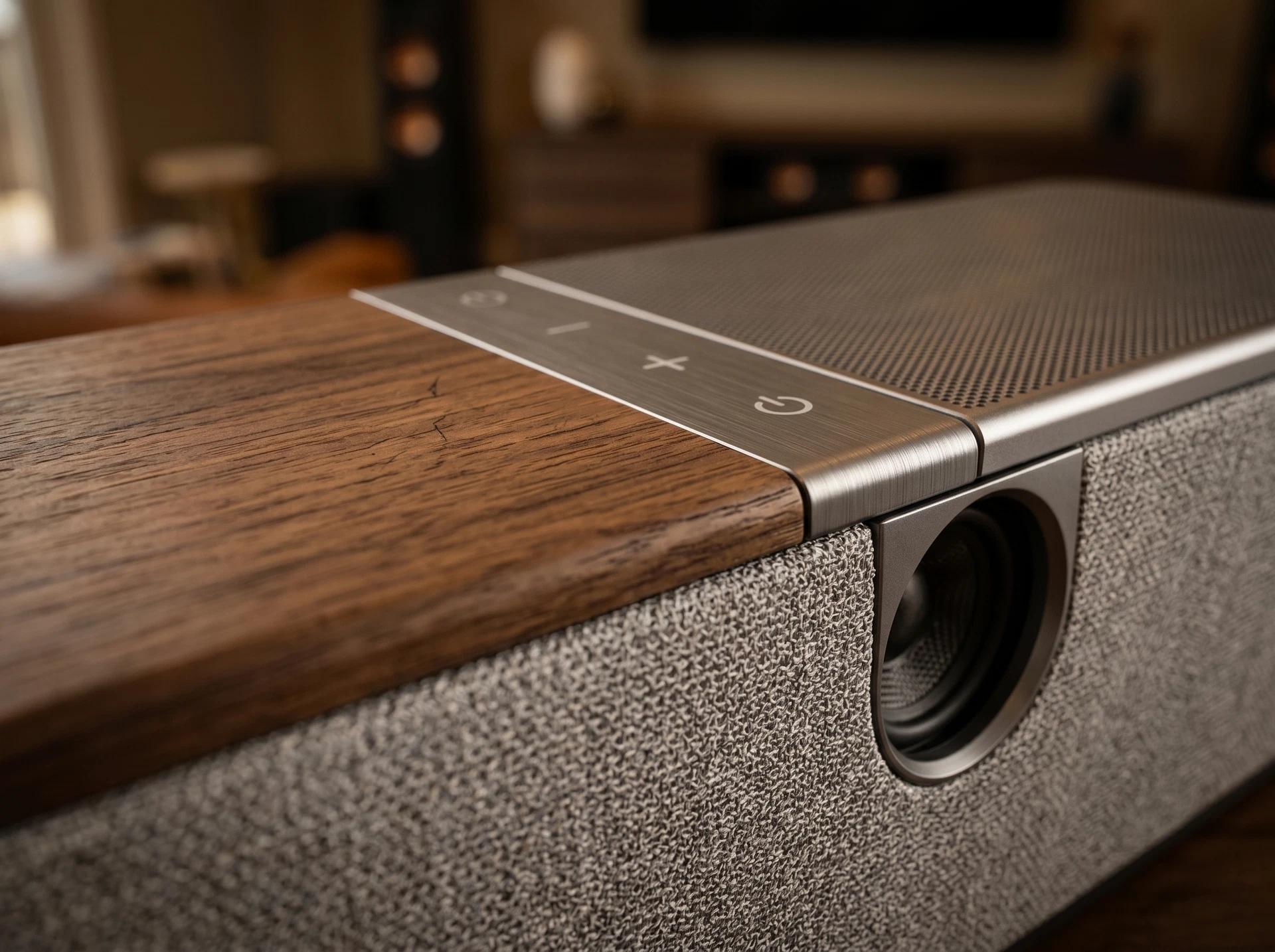 Klipsch Flexus Core 200 Walnut в интерьере &mdash; установка под телевизором на тумбе