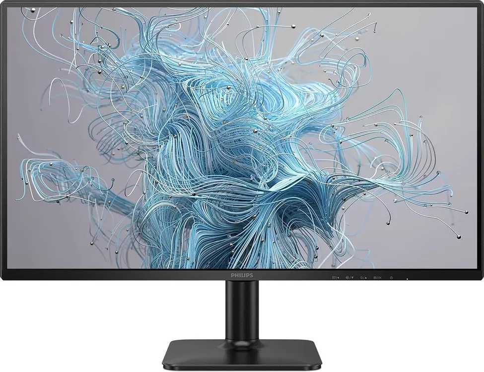 Philips 25E2N2100 центральный вид, демонстрация цветопередачи с абстрактной графикой на экране