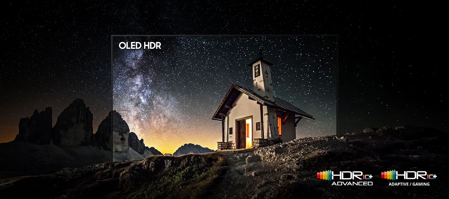 Samsung QE48S85H OLED HDR — ночной пейзаж с часовней, демонстрирует глубокий чёрный и яркие детали