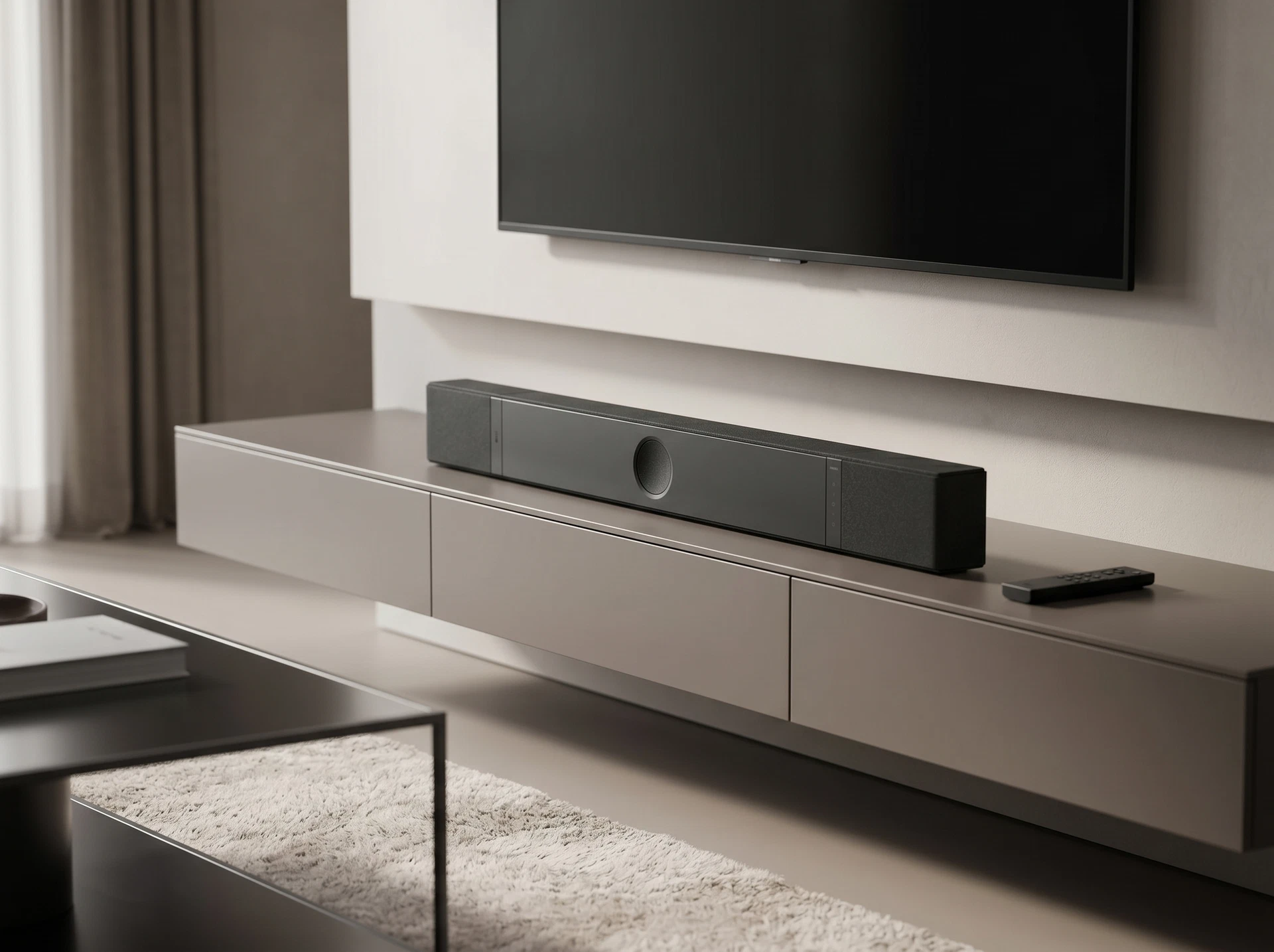 Саундбар KEF XIO Soundbar Slate Black - фото в интерьере