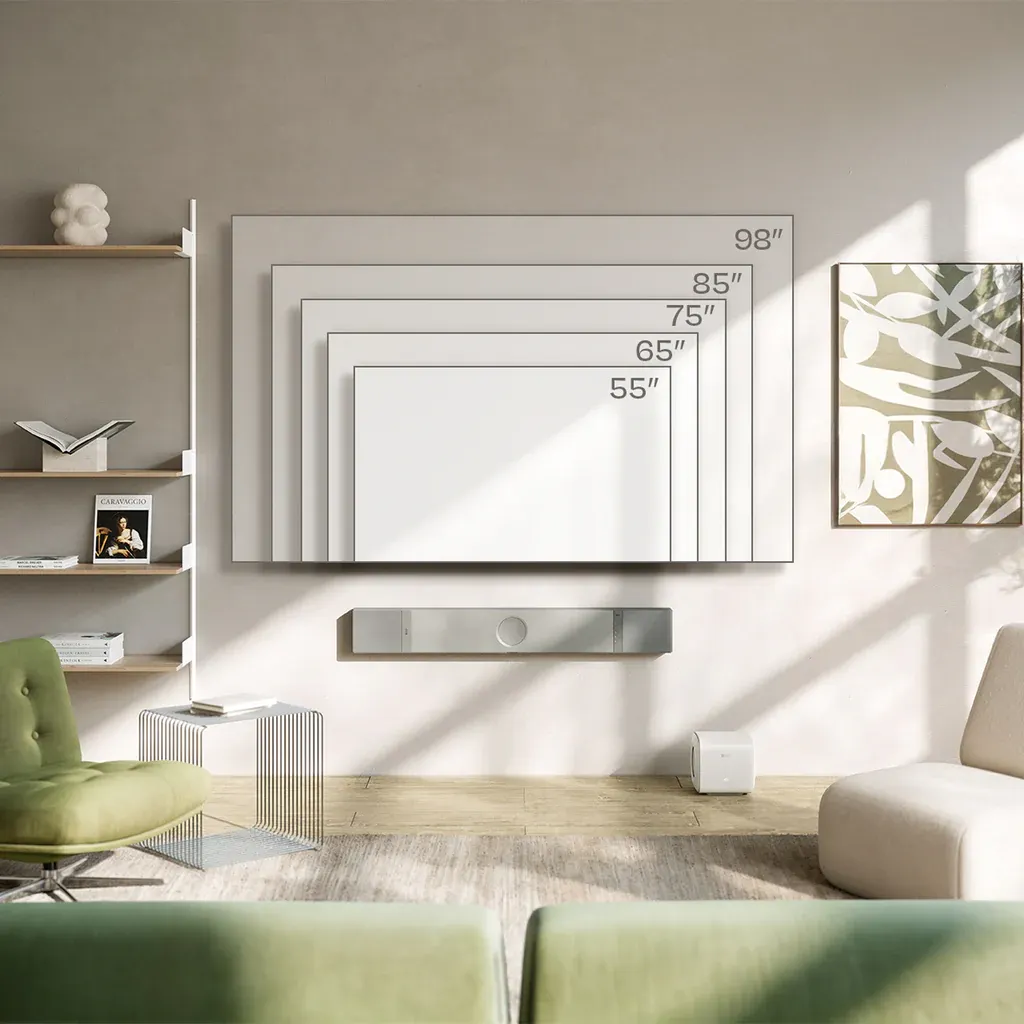 KEF XIO Silver Grey установка под телевизором в гостиной