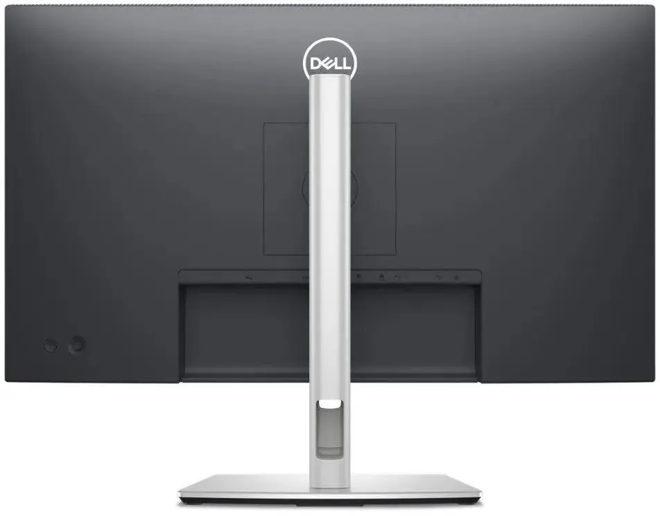 Dell P2725HE вид сзади, задняя панель с портами, тонкий корпус и серебристая подставка