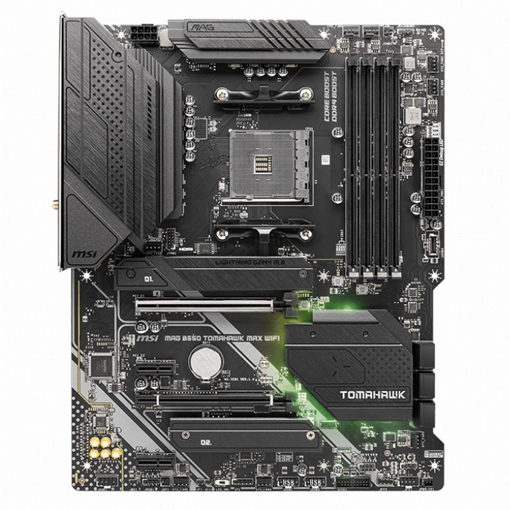 MSI MAG B550 Tomahawk Max Wifi вид сверху &mdash; слоты расширения, сокет AM4, разъёмы DDR4 и питания