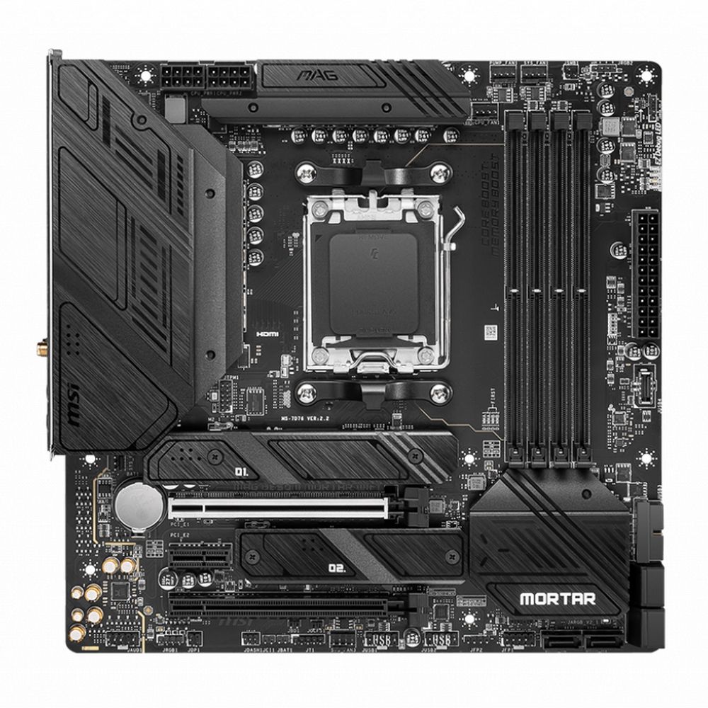 MSI MAG B650M Mortar WiFi — прямой вид, сокет AM5, радиаторы VRM и M.2, слоты DDR5