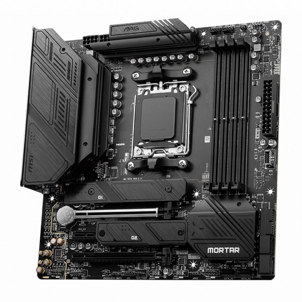 MSI MAG B650M Mortar WiFi — вид сверху, сокет AM5, слоты DDR5, компоновка платы mATX