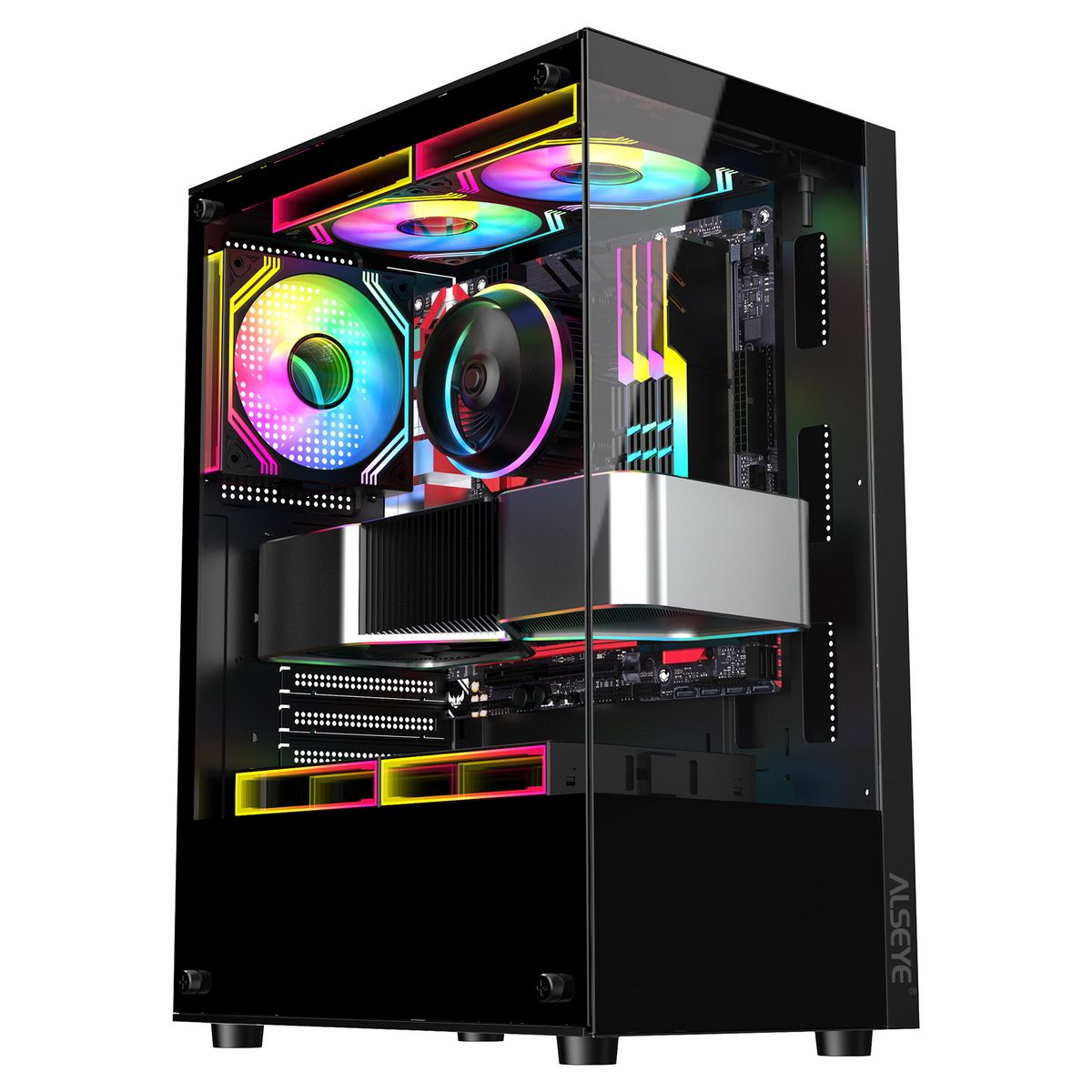 Alseye Spider-B AS.07.0136 внутреннее строение — кулер, видеокарта, СЖО, ARGB подсветка