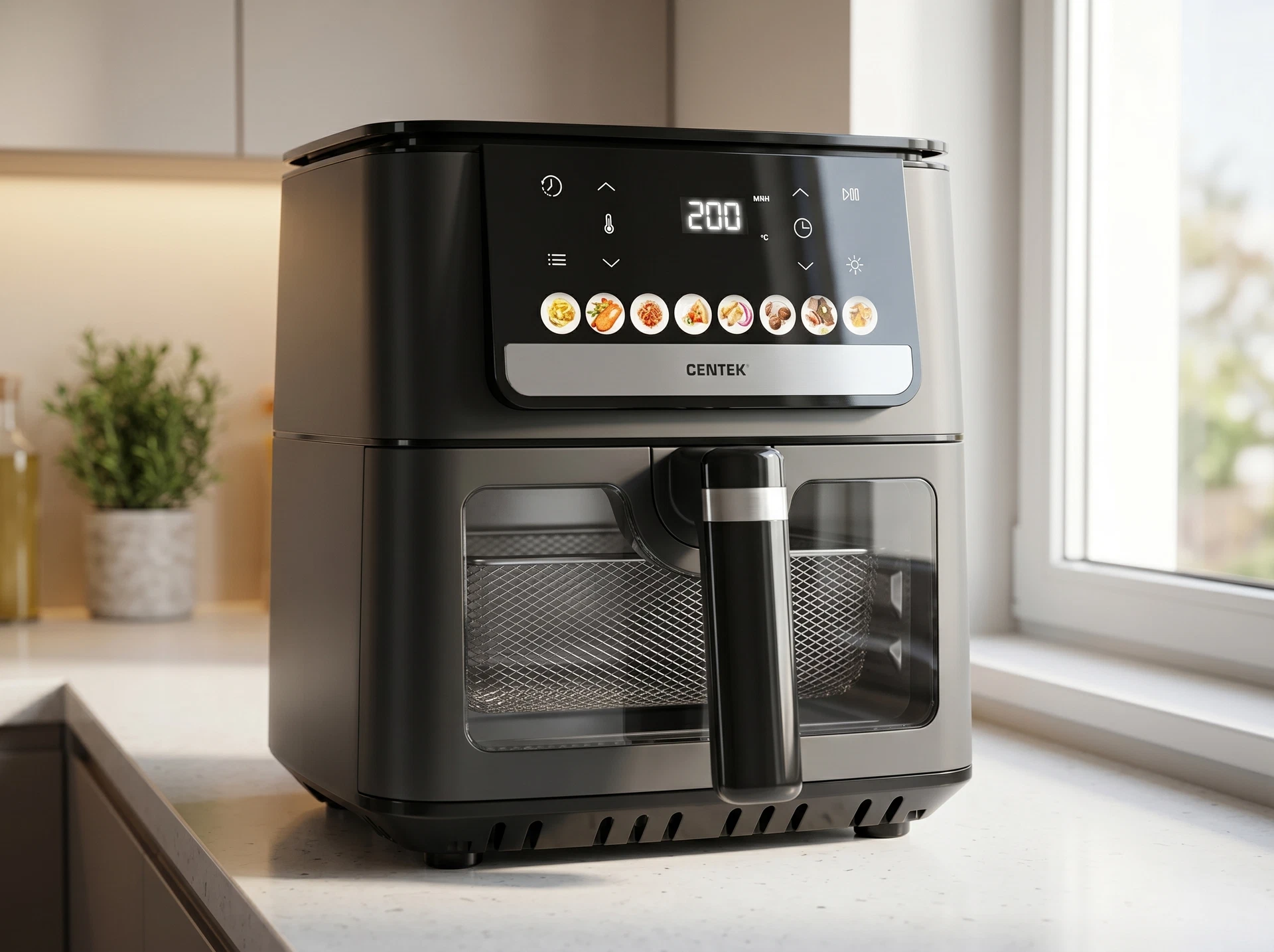 Centek CT-3104 в интерьере кухни — компактный аэрогриль 5,5 л на столешнице